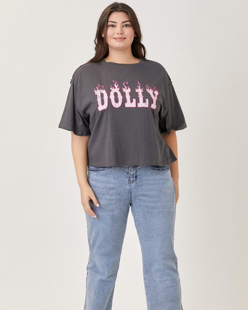 Front of a model wearing a size 3X Dolly Graphic Tee in CHARCOAL by Baevely. | dia_product_style_image_id:274784